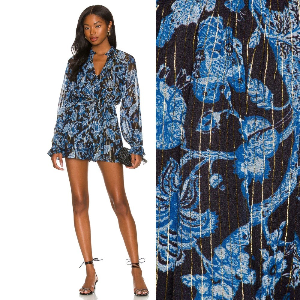 NWT‎ Hemant and Nandita x Revolve Nitara Romper Large Floral Blue Black Belted